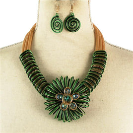 Green and Gold Metal Wire Flower Necklace Set