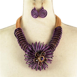 Purple and Gold Metal Wire Flower Necklace Set