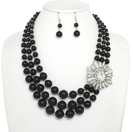 Black Floral Brooch Necklace Set