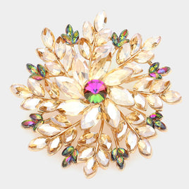 Gold Multi Color Flower Stone Brooch Pin