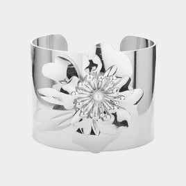 Silver Cuff Bracelet with Pearl Flower