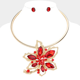 Red Floral Pendant Necklace Set