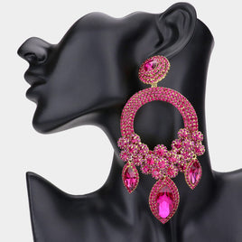 Fuchsia and Gold Flower Chandelier Statement Earrings