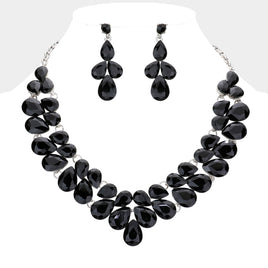 Black Teardrop Stone Cluster Necklace Set