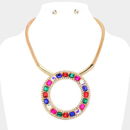 Gold Multicolor Stone Pendant Necklace Set