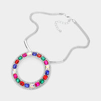 
              Silver Multicolor Stone Open Pendant Necklace Set
            