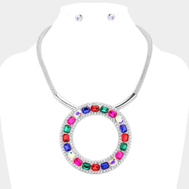 Silver Multicolor Stone Open Pendant Necklace Set