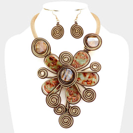 Brown and Gold Metal Wire Statement Necklace Set