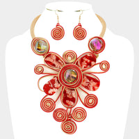 
              Red and Gold Metal Wire Flower Statement Necklace Set
            