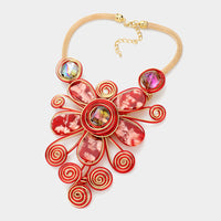 
              Red and Gold Metal Wire Flower Statement Necklace Set
            