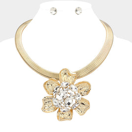 Gold Hammered Rhinestone Flower Statement Necklace Set