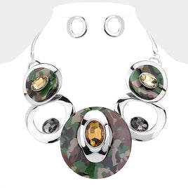 Silver Camo Stone Open Pendant Necklace Set