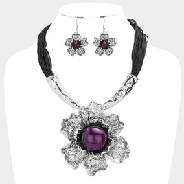 Purple and Black Flower Pendant Statement Necklace Set