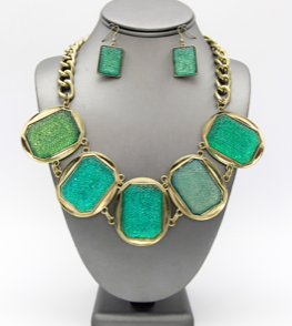 Green and Gold Block Statement Necklace Set