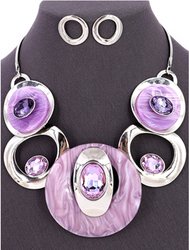 Purple and Lavender Circle Statement Necklace Set (Silver)