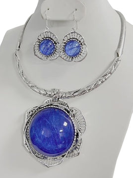 Royal Blue and Silver Flower Pendant Necklace Set