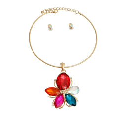 Multicolor Stone Flower Necklace Set with Pearl Accent