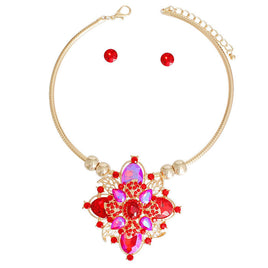 Red and Gold Stone Flower Necklace Set