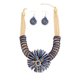 Blue and Black Metal Wire Flower Necklace Set