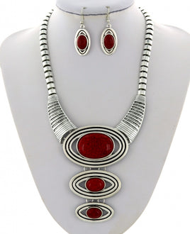 Red and Silver Stone Drop Necklace Set