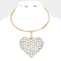 Gold Stone Heart Pendant Necklace Set
