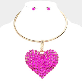 Gold Necklace Set with Fuchsia Heart Pendant
