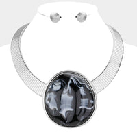 
              Silver Statement Necklace Set with Marble Stone Pendant
            
