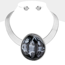 Silver Statement Necklace Set with Marble Stone Pendant