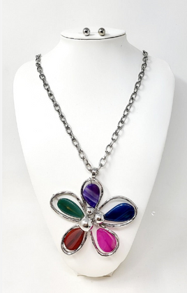 Multi-Color Flower Pendant Long Necklace Set