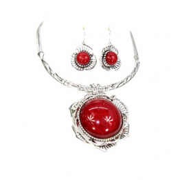 Red Flower Pendant Statement Necklace Set