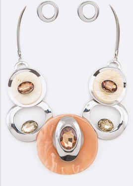 Orange and Silver Circle Linked Oval Necklace Set