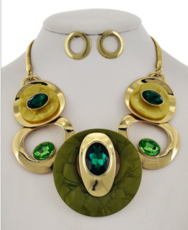 Green and Gold Circle Linked Oval Necklace Set