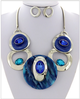 Blue and Silver Circle Linked Necklace Set