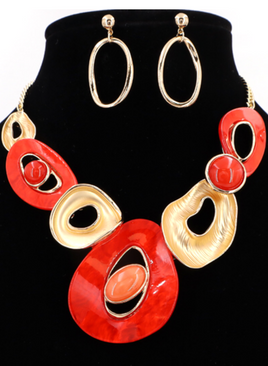 Red and Gold Oval Linked Necklace Set