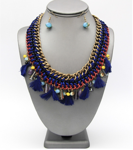 Blue and Red Beaded Statement Necklace Set