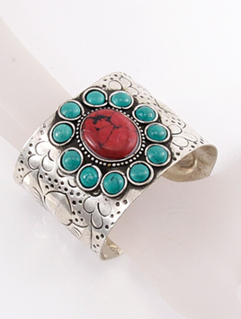 Turquoise and Red Flower Cuff Bracelet