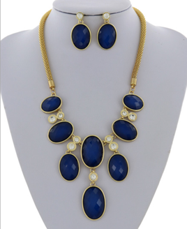 Blue and Gold Stone Drop Necklace Set