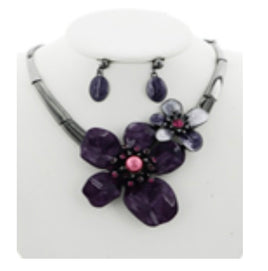 Purple Cluster Flower Necklace Set