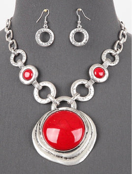 Red and Silver Chunky Pendant Necklace Set