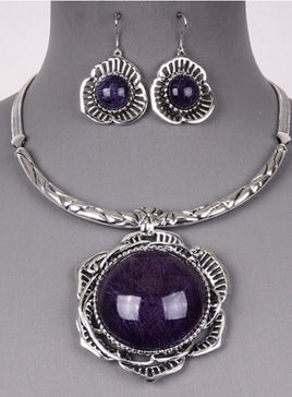 Purple Flower Statement Necklace Set