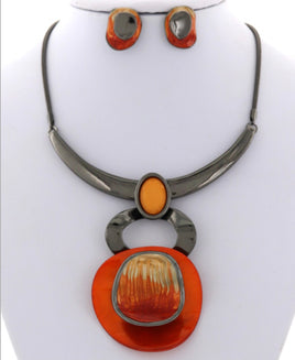 Orange and Hematite Necklace Set