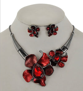 Red Cluster Flower Necklace Set with Rhinestone