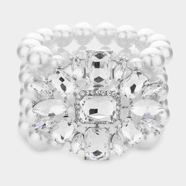 Pearl Bracelet with Clear Stone Flower Pendant